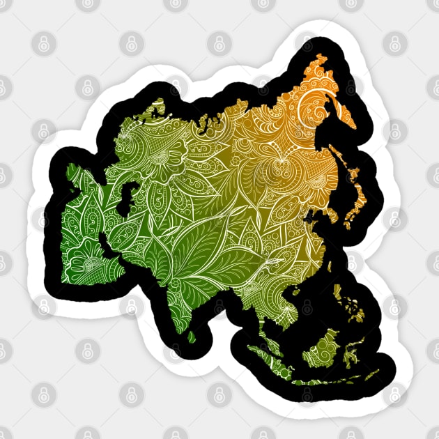 Colorful mandala art map of Asia with text in green and orange Sticker by Happy Citizen